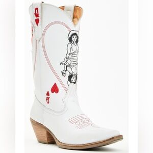 Dingo Queen Of Hearts White and Red Western Heeled Boots